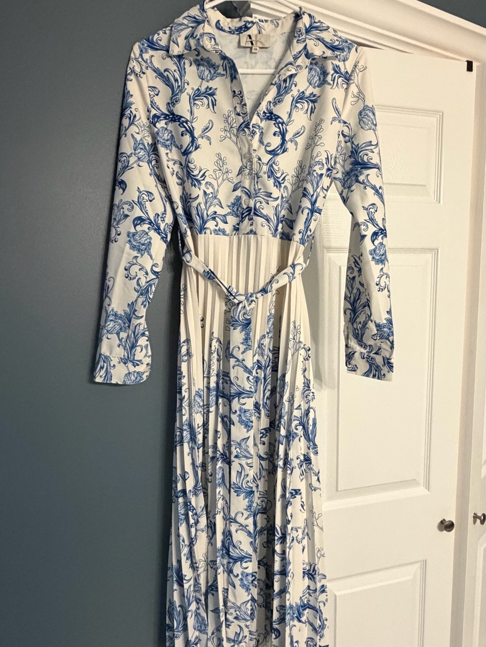 White Maxi Dress with Blue Floral Print